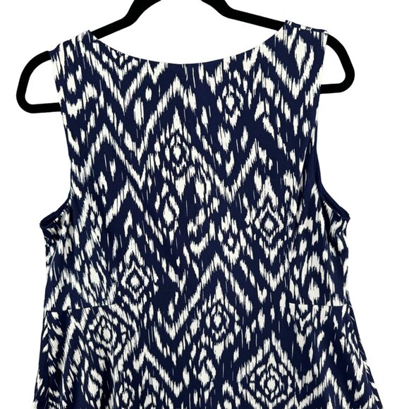 AB Studio Ikat Mini Dress Blue White Sleeveless Lined Stretch Pullover Size L - Picture 3 of 9